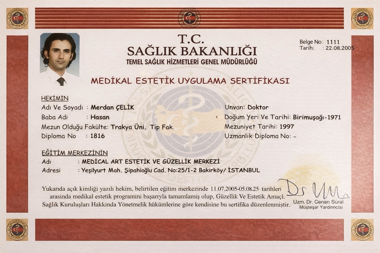 Certificazione Ufficiale in Medicina Estetica — Ministero della Salute turco, 2005 — Dr. Merdan Çelik